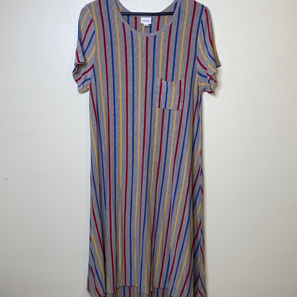 Lularoe Carly Stripe Colorful Gray Dress Sz Large